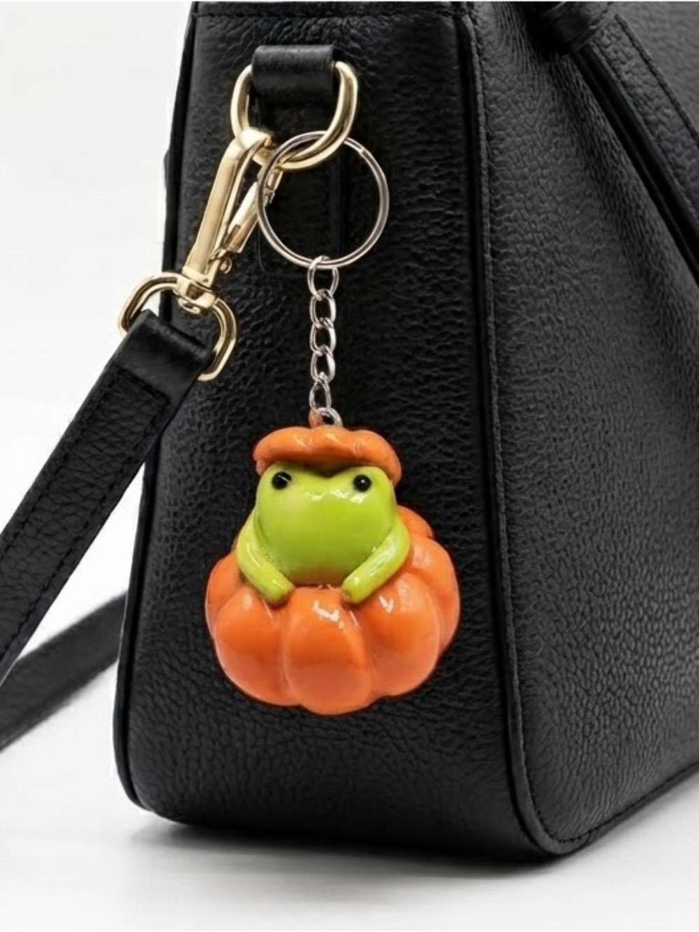 Cute Frog in Pumpkin Keychain - Orange & Green - Handmade
